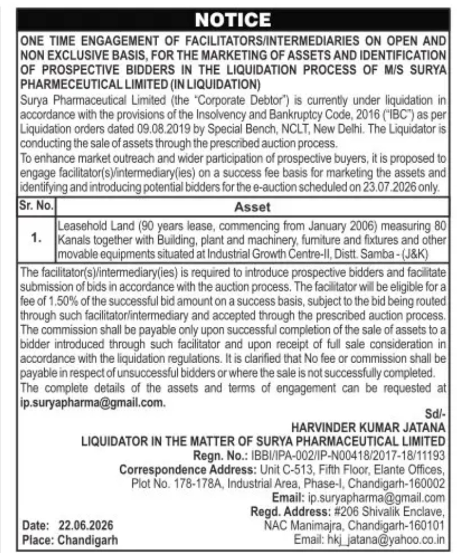Notice – Engagement of Facilitators/Intermediaries for Asset Sale in Liquidation Process