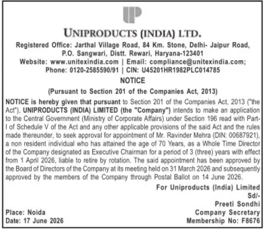 NOTICE FOR APPLICATION TO CENTRAL GOVERNMENT FOR APPOINTMENT OF WHOLE TIME DIRECTOR CUM EXECUTIVE CHAIRMAN