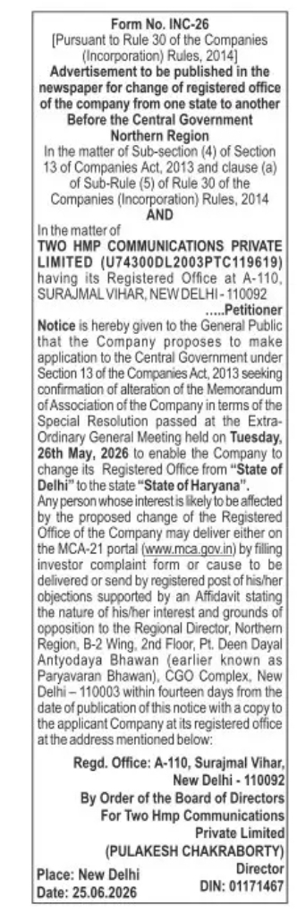 Notice for Change of Registered Office from Delhi to Haryana – Two HMP Communications Private Limited