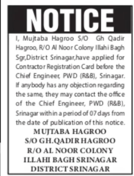 Notice for Contractor Registration Card Application Mujtaba Hagroo