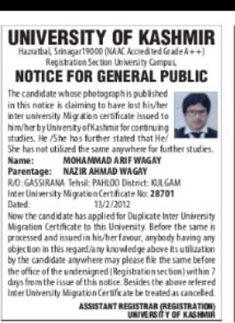 Notice for Duplicate Migration Certificate – Mohammad Arif Wagay