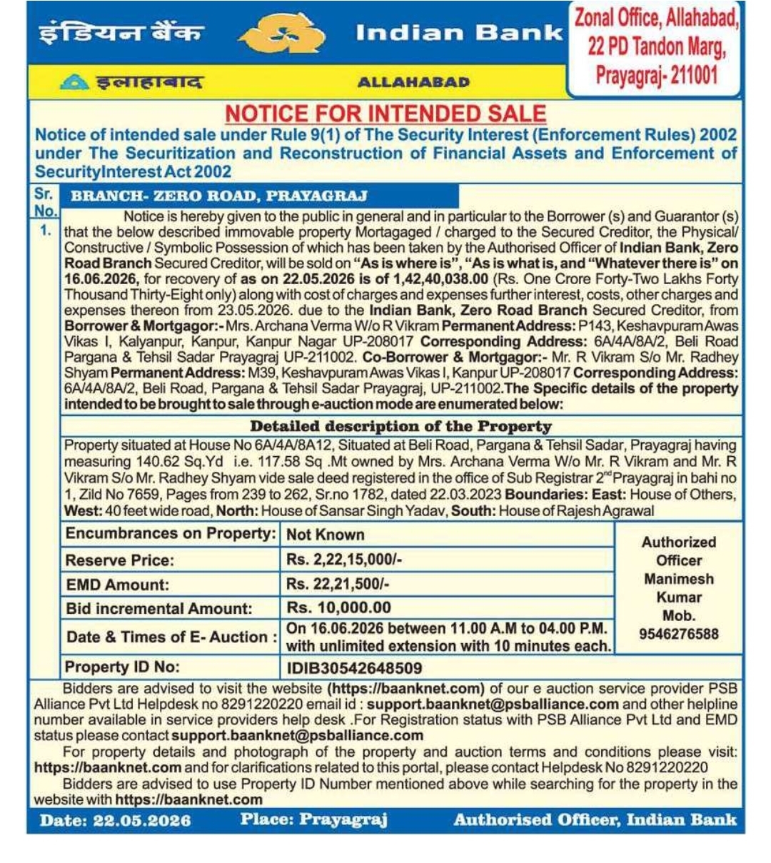 NOTICE FOR INTENDED SALE – E-AUCTION PROPERTY