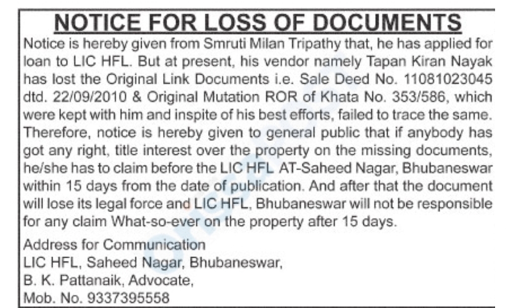 NOTICE FOR LOSS OF ORIGINAL DOCUMENTS
