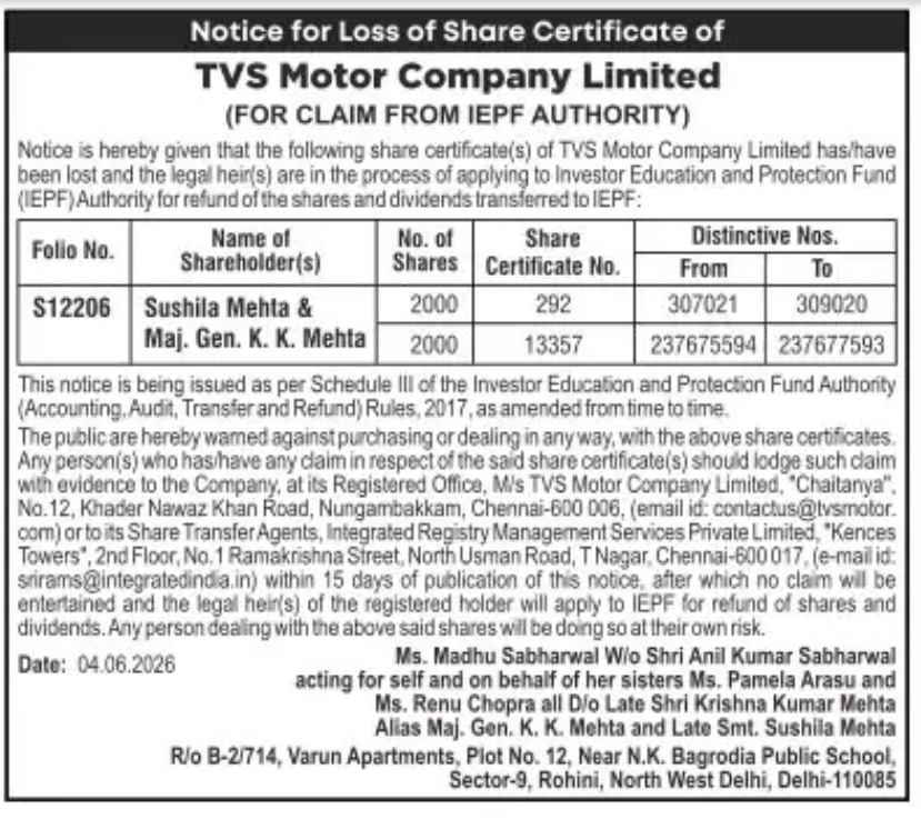 Notice for Loss of Share Certificate – TVS Motor Company Limited (FOR CLAIM FROM IEPF AUTHORITY)