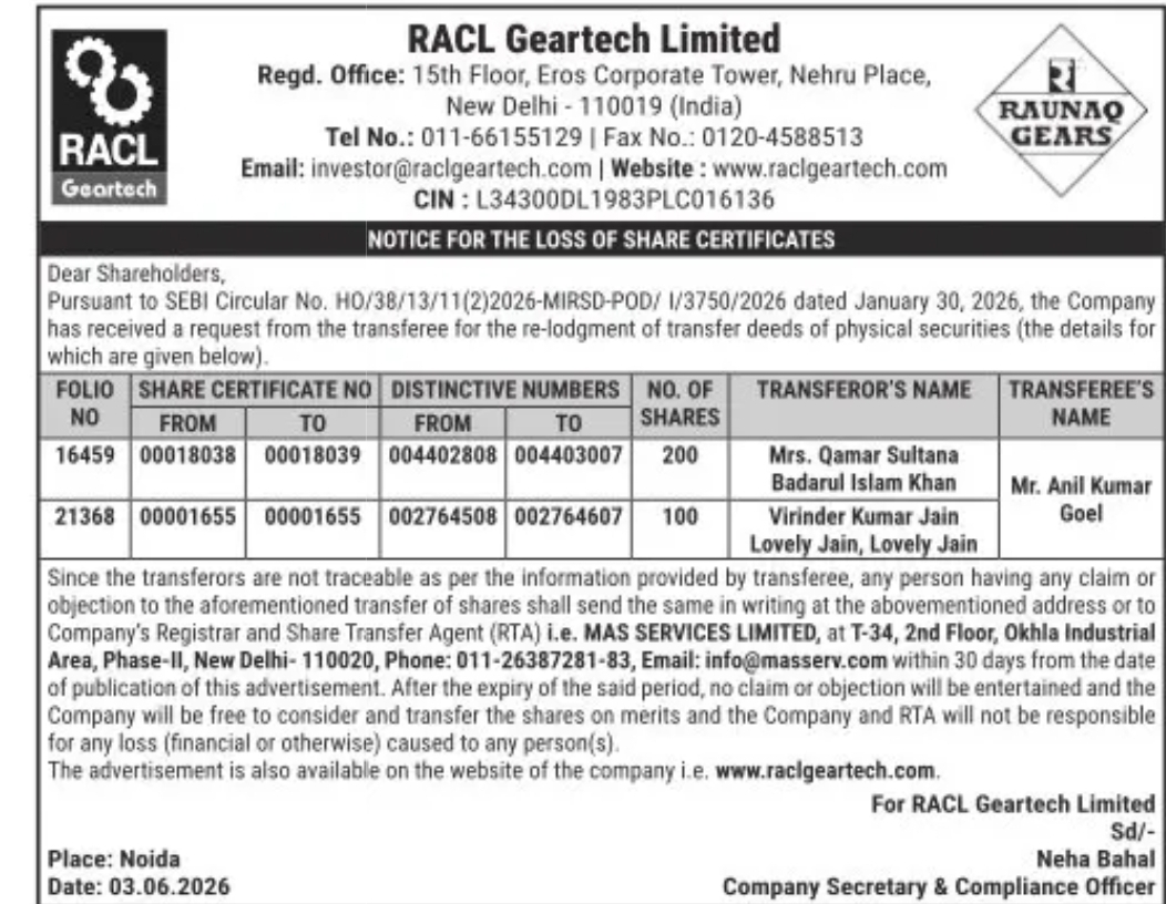 Notice for Loss of Share Certificates – RACL Geartech Limited