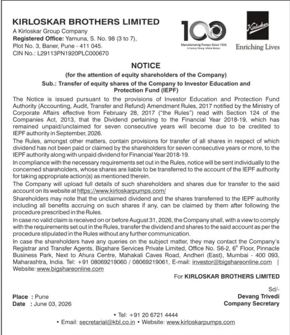 Notice for Transfer of Shares to IEPF – Kirloskar Brothers Limited