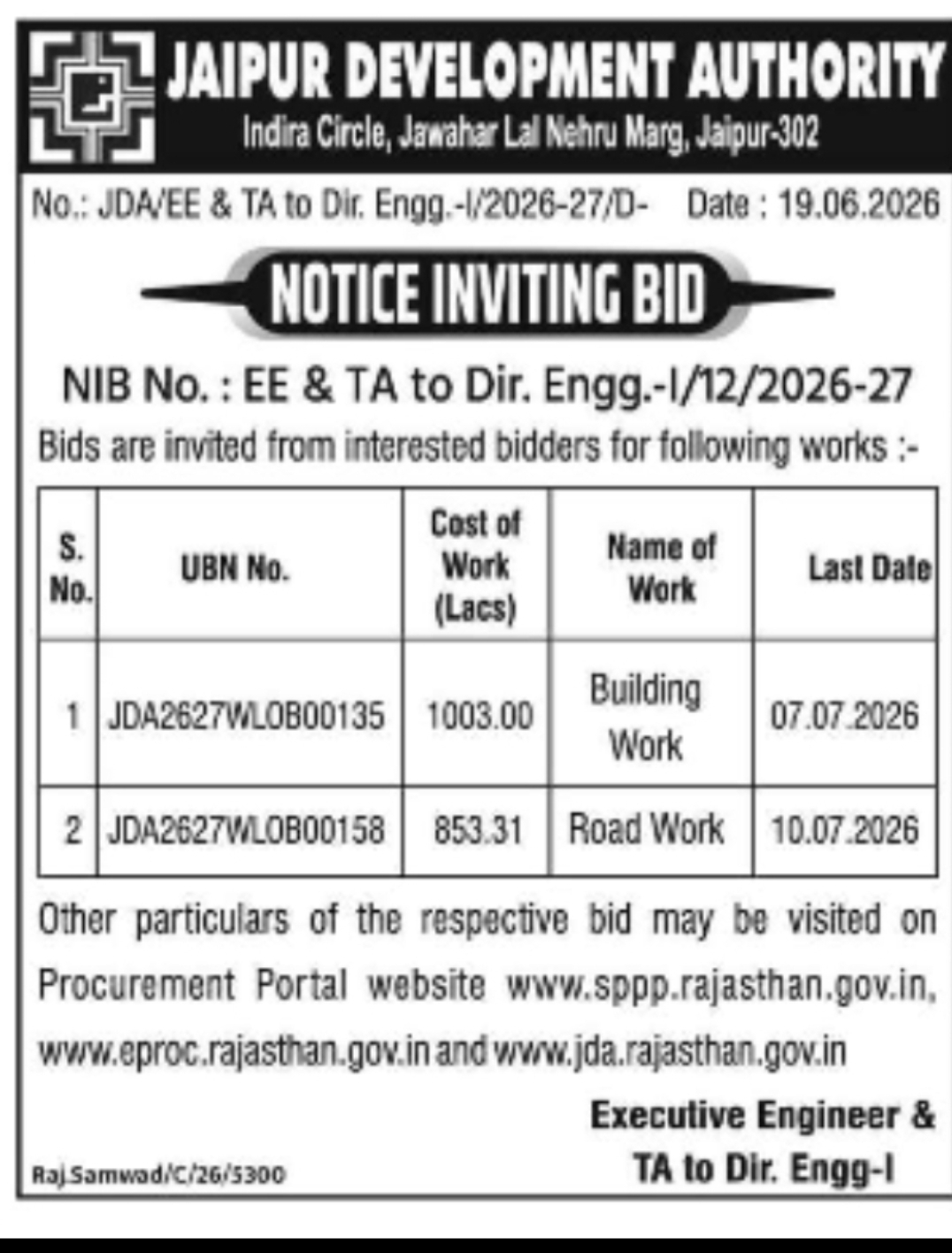 Notice Inviting Bid (NIB) – Development Works