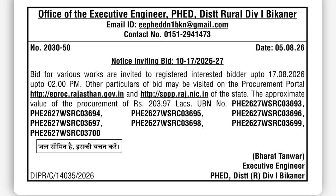 Notice Inviting Bid – PHED Bikaner