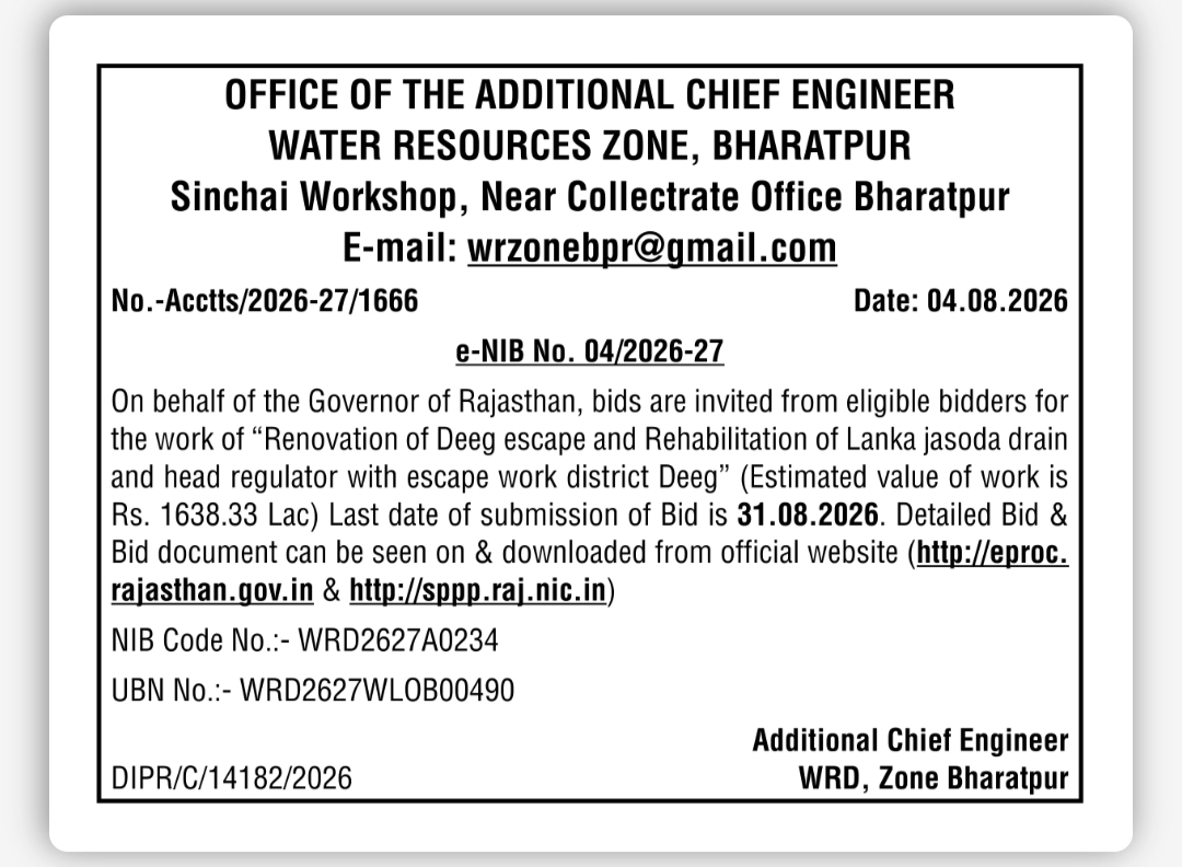 NOTICE INVITING BID – WATER RESOURCES DEPARTMENT, BHARATPUR