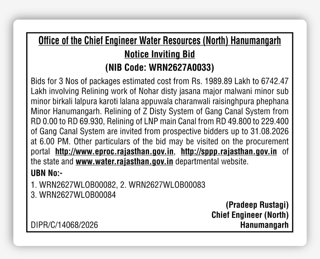 NOTICE INVITING BID – WATER RESOURCES DEPARTMENT, HANUMANGARH