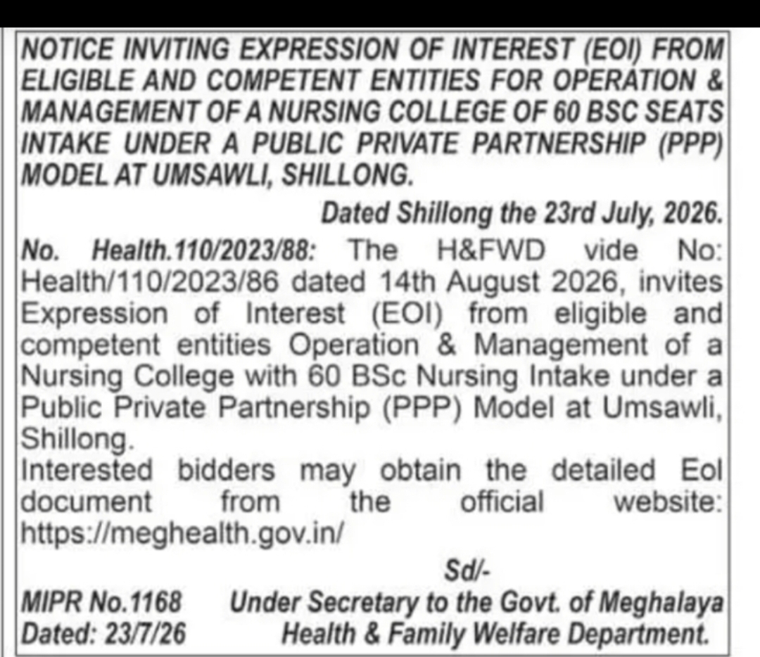 Notice Inviting Expression of Interest (EOI) – Operation & Management of Nursing College under PPP Model, Shillong