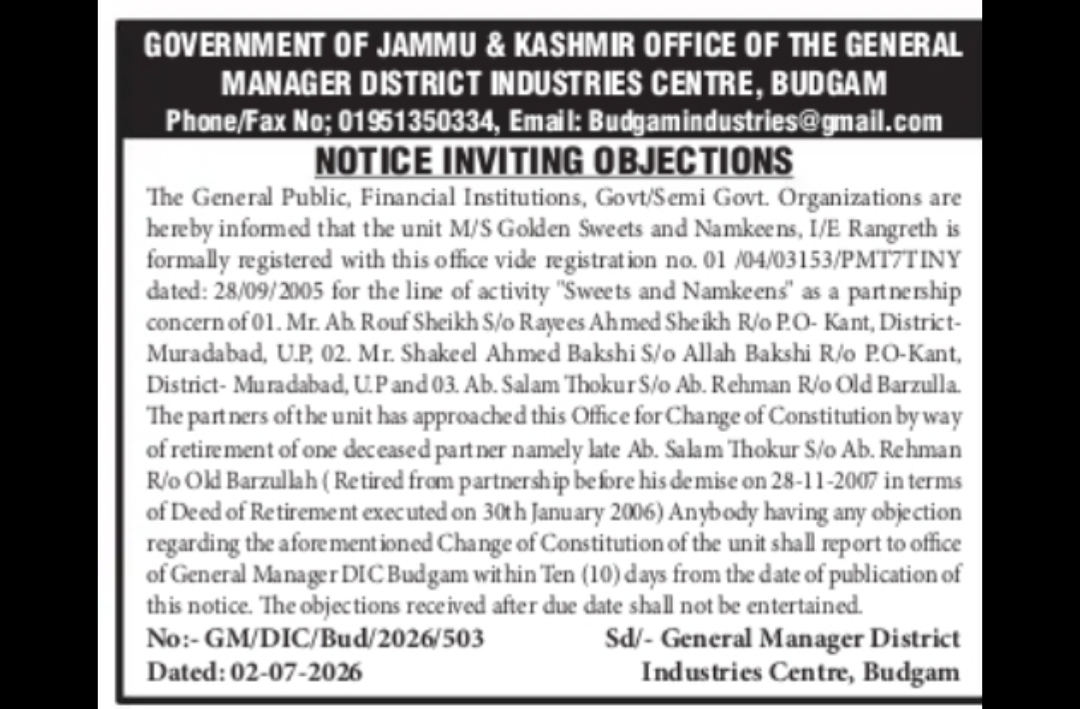 Notice Inviting Objections – Change of Constitution of Industrial Unit (Jammu & Kashmir)