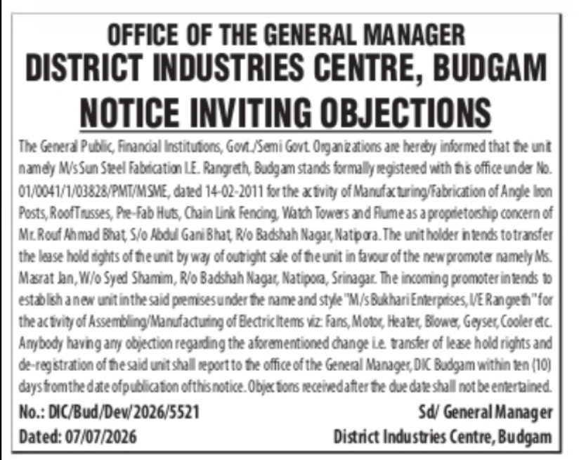 Notice Inviting Objections – District Industries Centre, Budgam