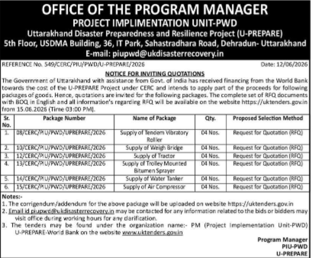 Notice Inviting Quotations under U-PREPARE Project, Uttarakhand