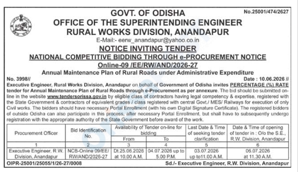 NOTICE INVITING TENDER Government of Odisha