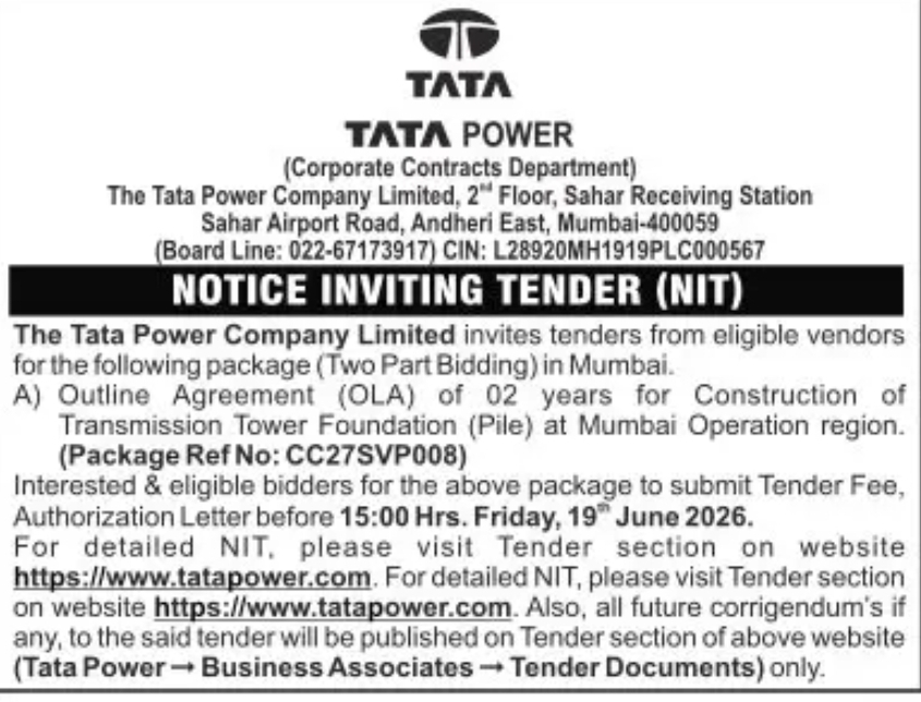 NOTICE INVITING TENDER (NIT) – OLA for Construction of Transmission Tower Foundation (Pile) – Mumbai Operation Region