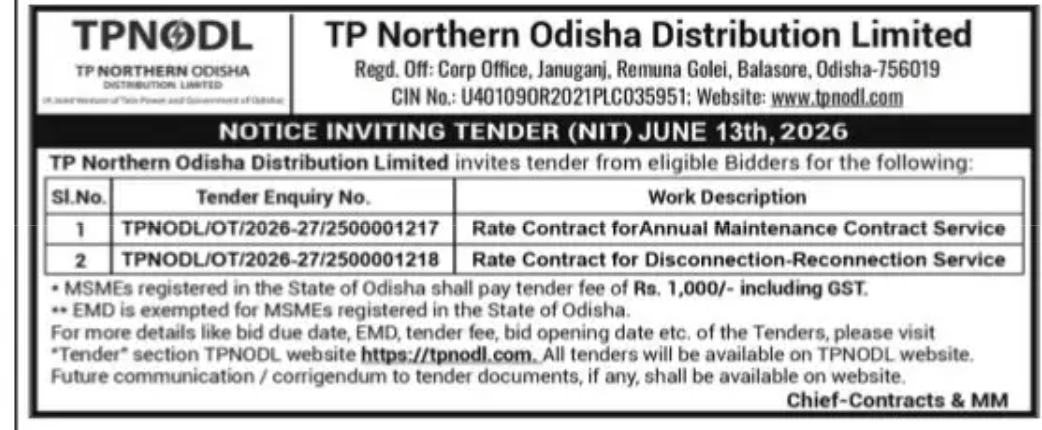 NOTICE INVITING TENDER (NIT) – TP Northern Odisha Distribution Limited (TPNODL)