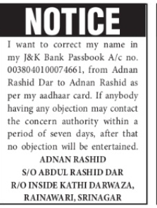 NOTICE – J&K BANK NAME CORRECTION