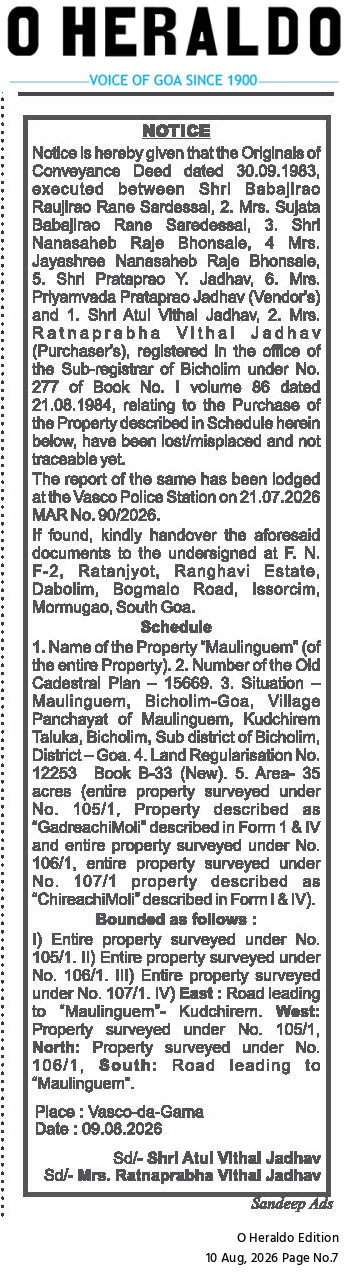 NOTICE – LOSS OF ORIGINAL CONVEYANCE DEED