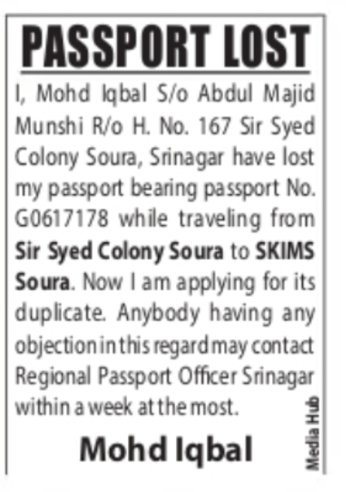 NOTICE – Loss of Passport and Application for Duplicate