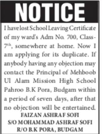NOTICE: Loss of School Leaving Certificate