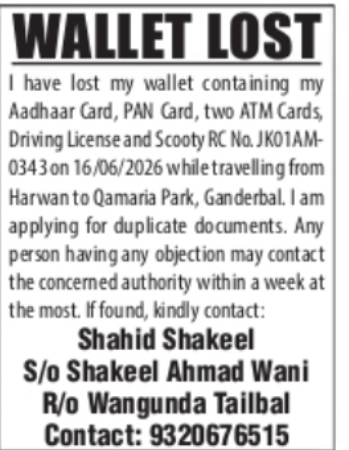 NOTICE: Lost Wallet and Documents