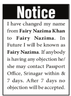 NOTICE – NAME CHANGE Fairy Nazima Khan