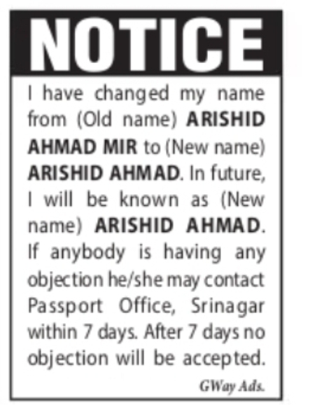 NOTICE – Name Change (Passport Office)