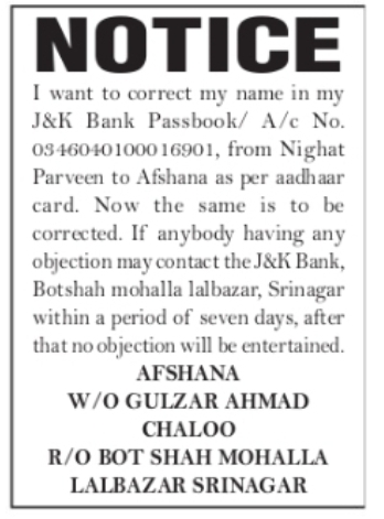 Notice – Name Correction in J&K Bank Account Records (Srinagar)  Afshana