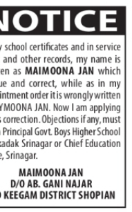 NOTICE – NAME CORRECTION Maimoona Jan