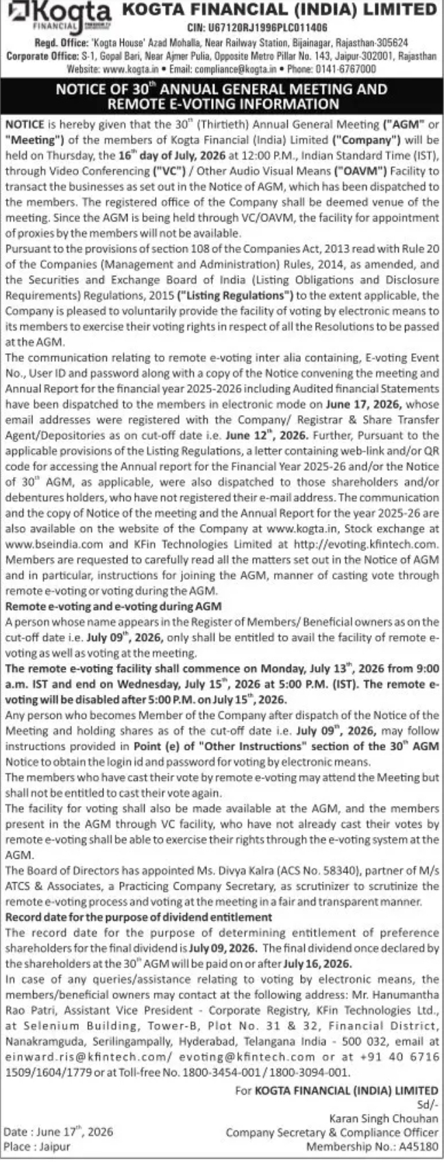 NOTICE OF 30TH ANNUAL GENERAL MEETING AND REMOTE E-VOTING INFORMATION