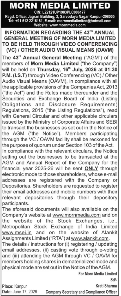 Notice of 43rd Annual General Meeting (AGM) through Video Conferencing / OAVM – Morn Media Limited