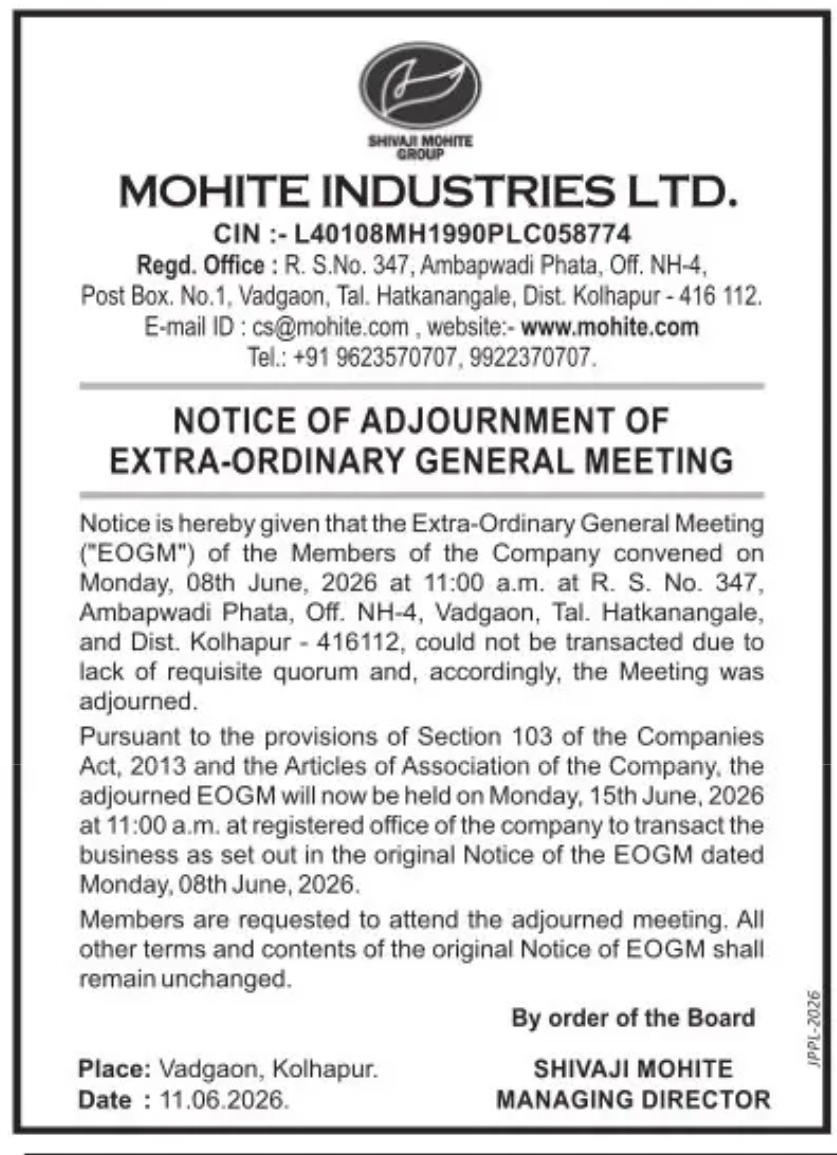 NOTICE OF ADJOURNMENT OF EXTRA-ORDINARY GENERAL MEETING