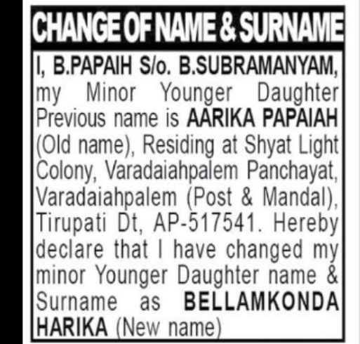 NOTICE OF CHANGE OF NAME & SURNAME (MINOR)