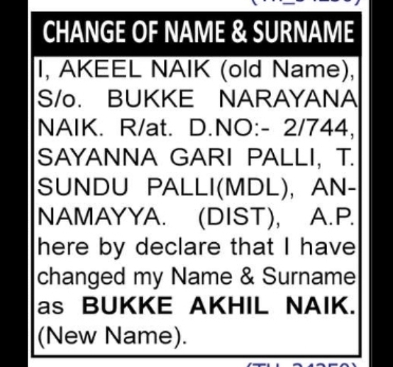NOTICE OF CHANGE OF NAME & SURNAME