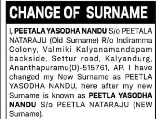 NOTICE OF CHANGE OF SURNAME