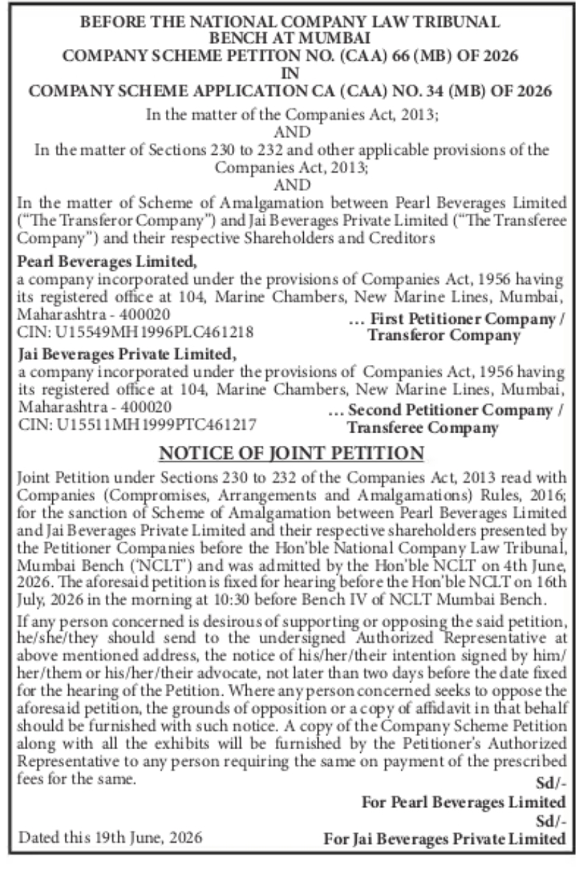 NOTICE OF JOINT PETITION BEFORE NATIONAL COMPANY LAW TRIBUNAL, MUMBAI BENCH