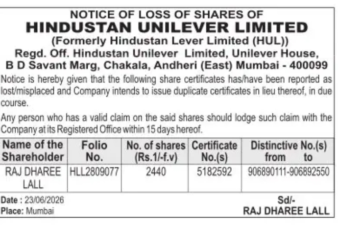 NOTICE OF LOSS OF SHARE CERTIFICATES – HINDUSTAN UNILEVER LIMITED