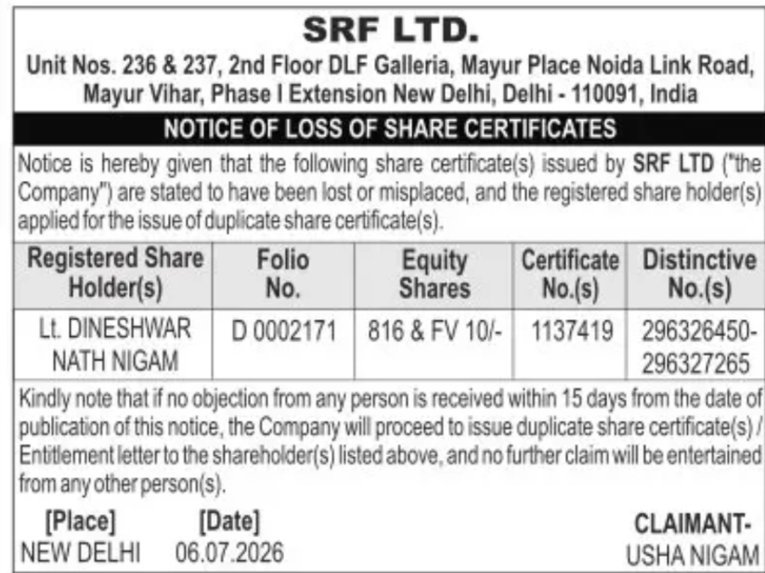 NOTICE OF LOSS OF SHARE CERTIFICATES – SRF LTD.