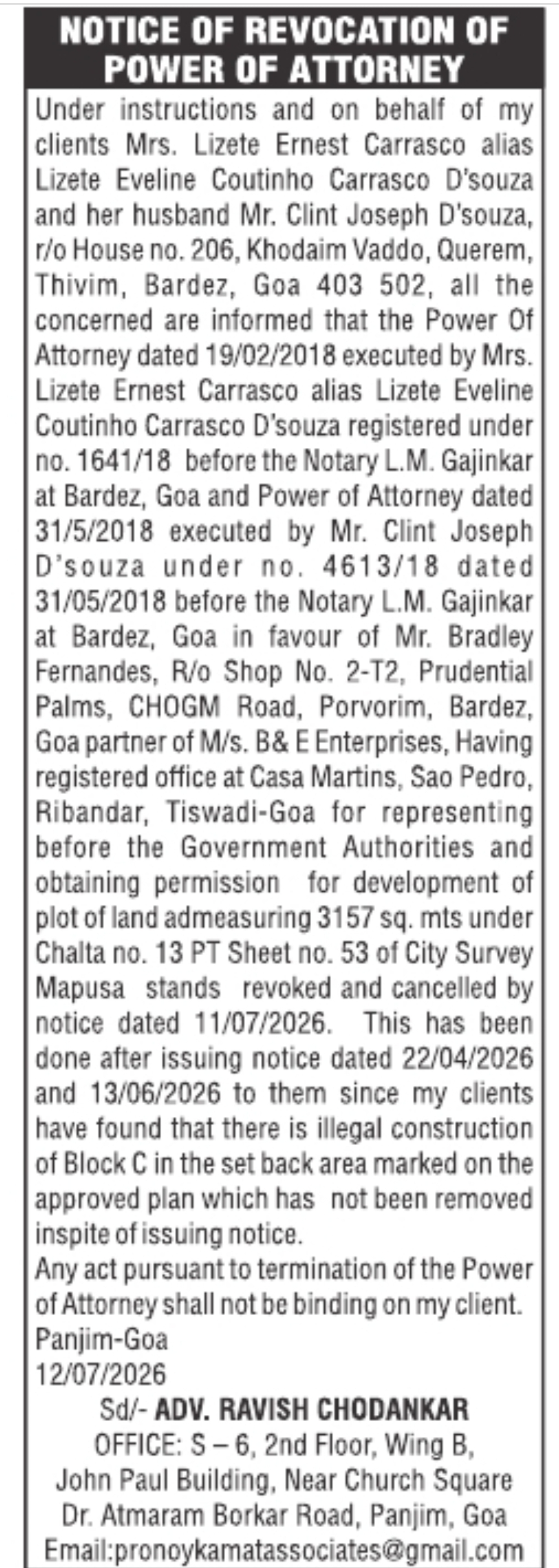 Notice of Revocation of Power of Attorney – Public Notice | Goa