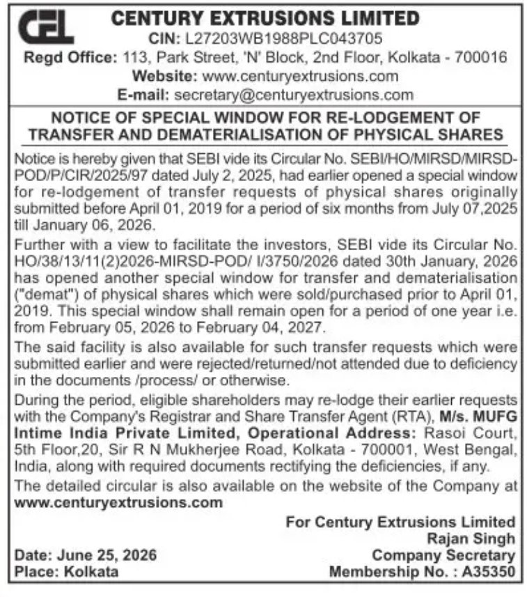 Notice of Special Window for Re-lodgement of Transfer and Dematerialisation of Physical Shares