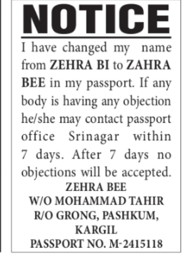 Notice – Passport Name Correction (Kargil)
