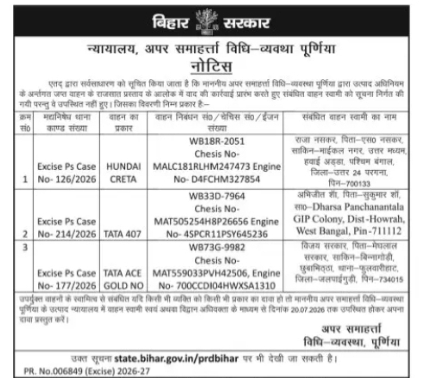 Notice Regarding Confiscated Vehicles – Excise Court, Purnia