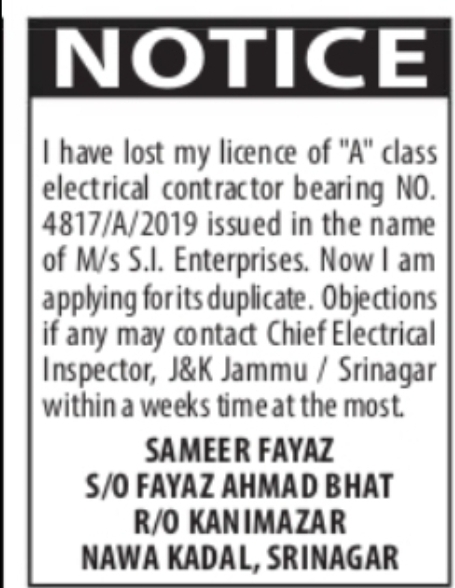 Notice Regarding Duplicate Electrical Contractor Licence