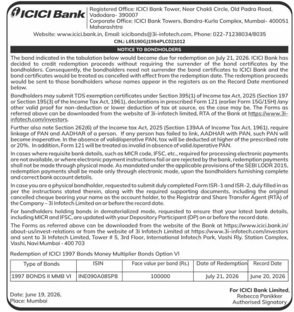 NOTICE TO BONDHOLDERS – ICICI Bank 1997 Bonds (MMB VI)