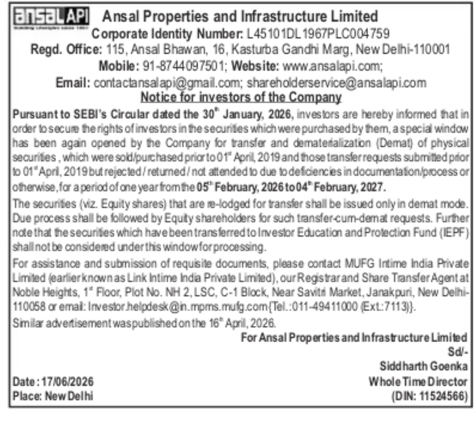 NOTICE TO INVESTORS REGARDING SPECIAL WINDOW FOR TRANSFER AND DEMATERIALIZATION OF PHYSICAL SECURITIES