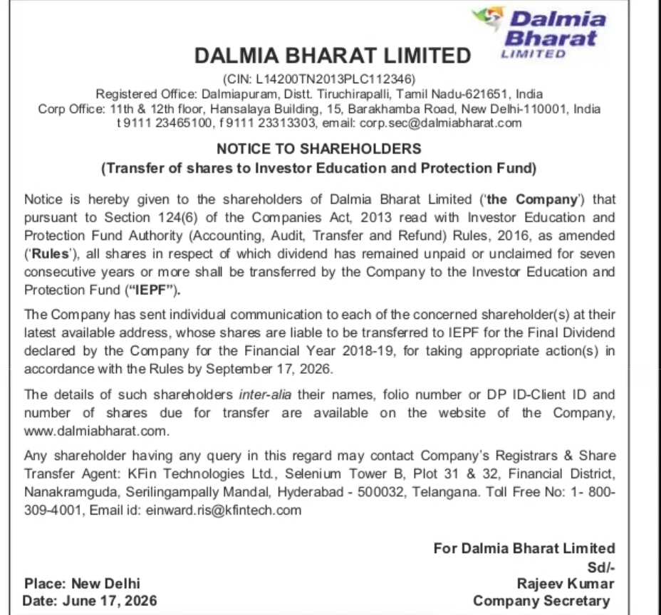 Notice to Shareholders of Dalmia Bharat Limited regarding transfer of shares to the Investor Education and Protection Fund (IEPF)