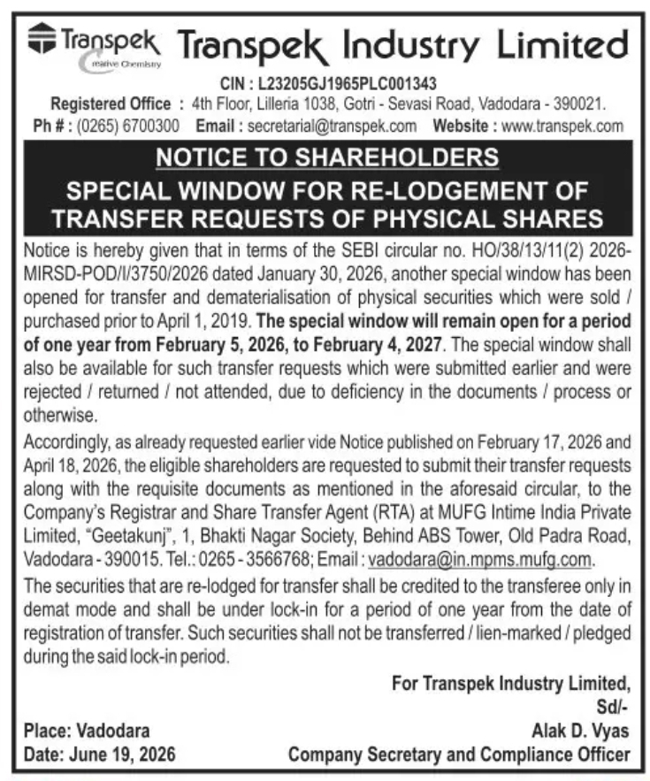 NOTICE TO SHAREHOLDERS – SPECIAL WINDOW FOR RE-LODGEMENT OF PHYSICAL SHARE TRANSFER REQUESTS