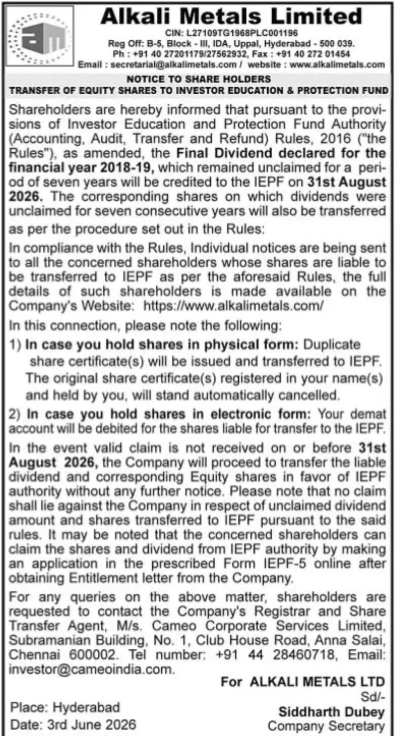 Notice to Shareholders – Transfer of Equity Shares to IEPF (Alkali Metals Limited)