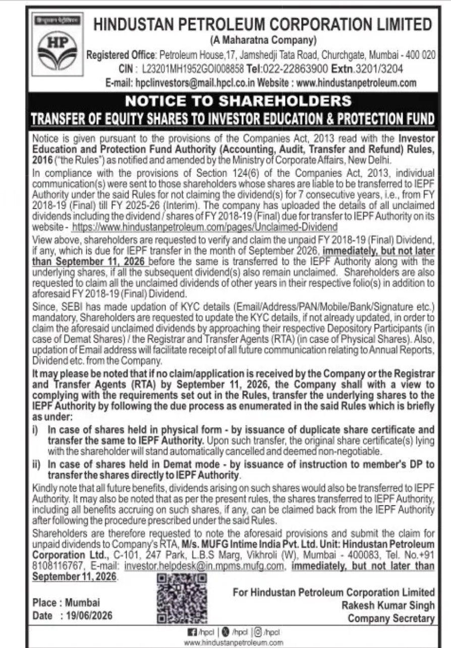 Notice to Shareholders – Transfer of Equity Shares to Investor Education & Protection Fund (IEPF)